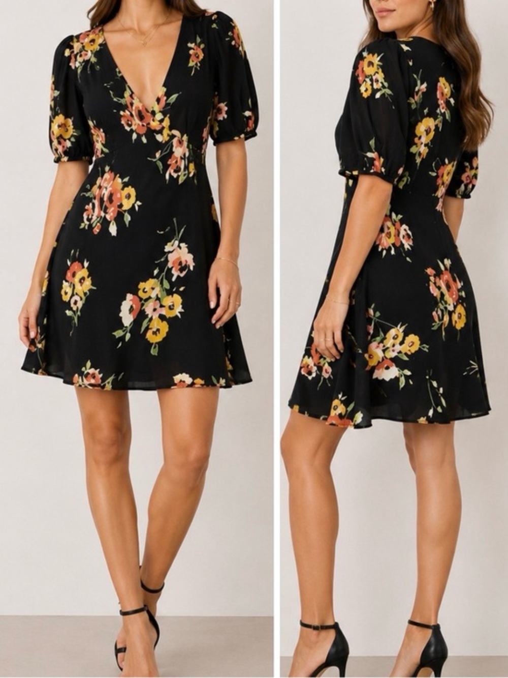 Free People Neon Garden Black Pink Boho V-Neck Floral Mini Dress